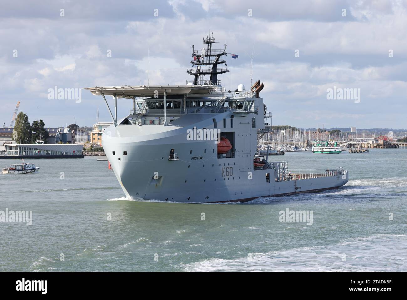 The Royal Fleet Auxiliary’s latest ship RFA PROTEUS leaving harbour after a 24 hour visit to the Naval Base Stock Photo