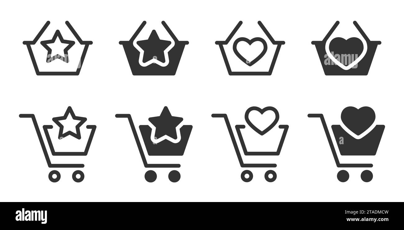 Favorites in basket icon. Shopping basket icon with heart symbol. Trolley with a star. Vector illustration Stock Vector