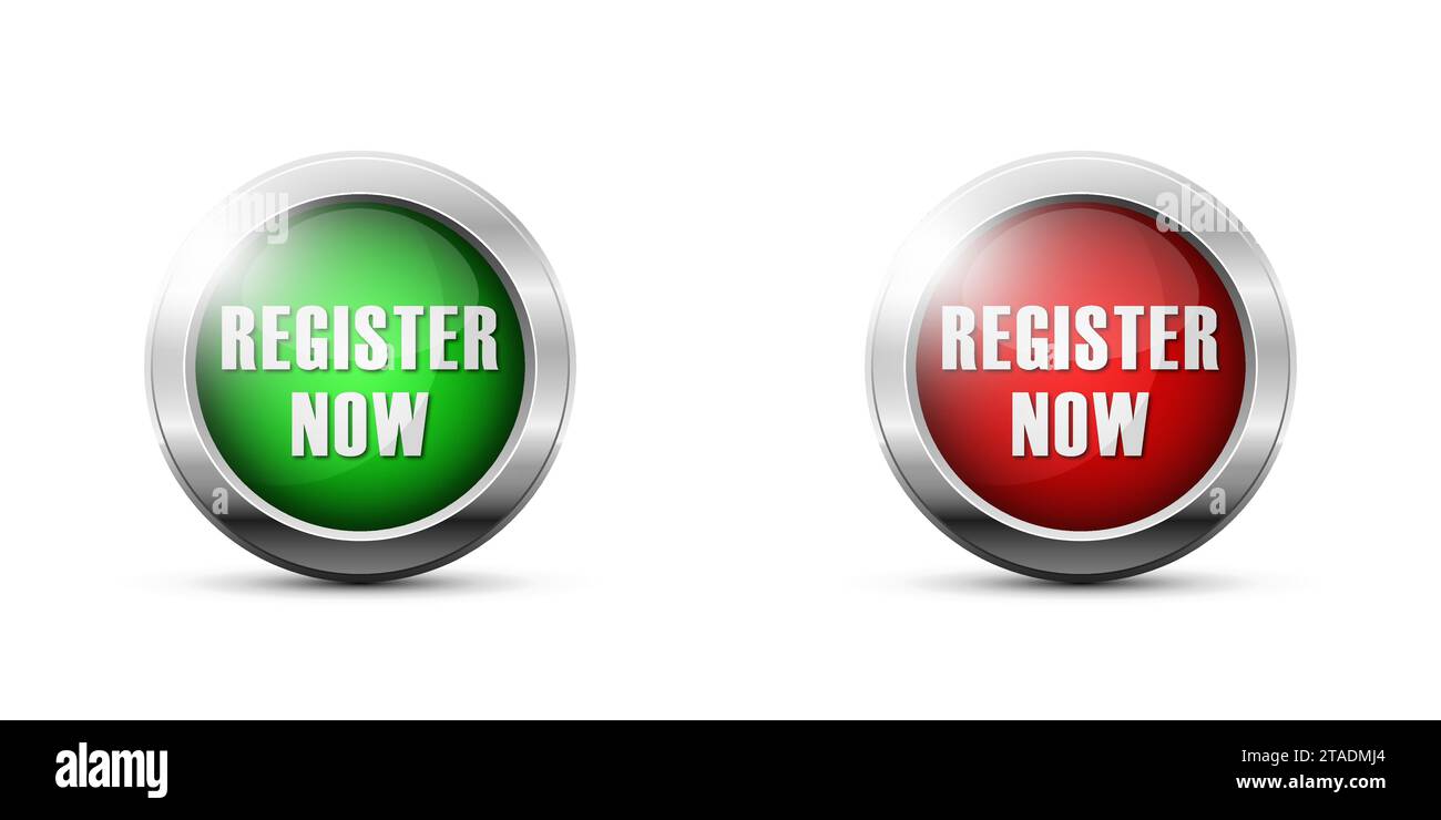 Register now button icon. Red and green spheres with lettering. Flat vector illustration Stock Vector