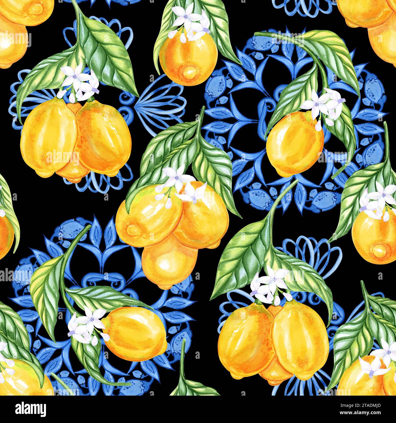 Mediterranean seamless pattern. Blue majolica tiles and yellow lemons endless background. Sicilian traditional print for fabric and wallpaper. Blue az Stock Photo