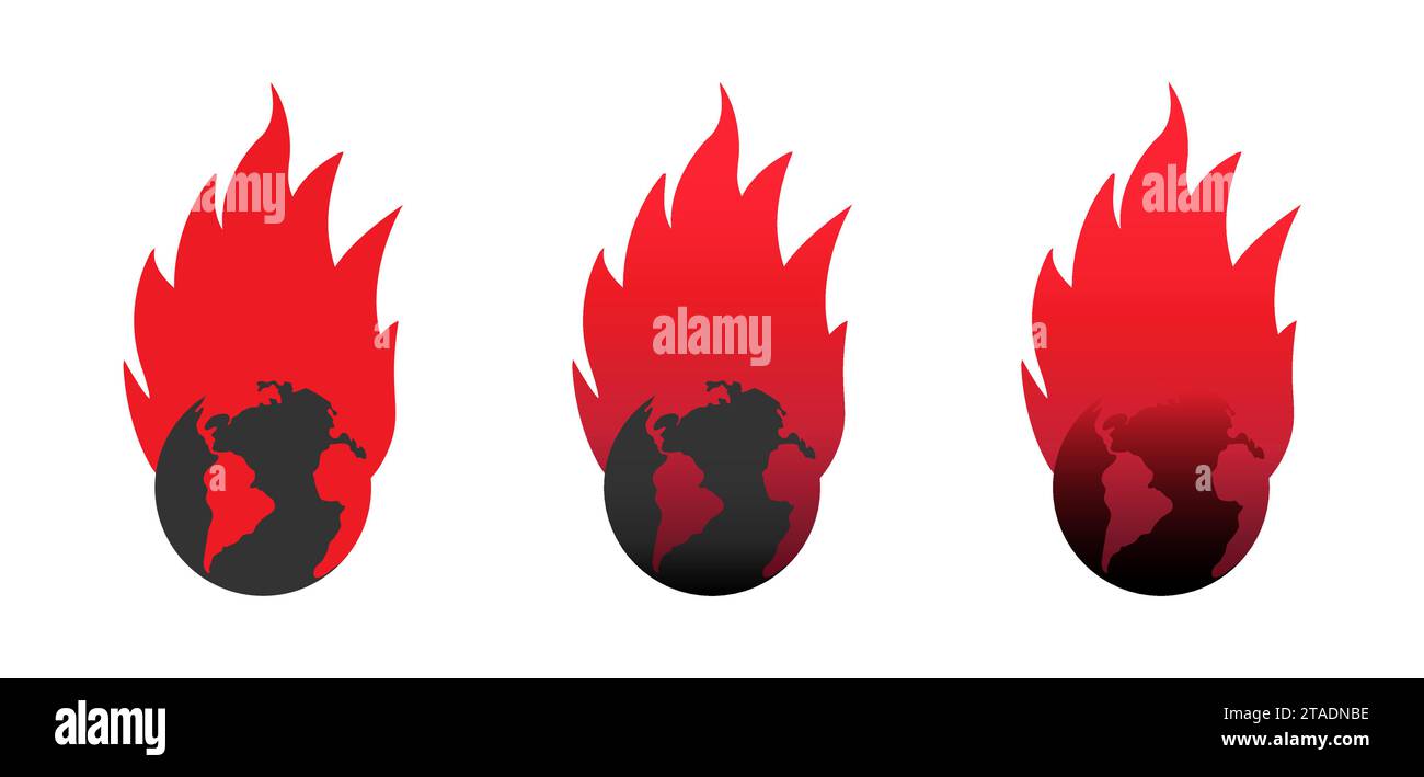 The world is on fire. Fire planet logo. Earth world burning icon. Armageddon concept. Flat vector illustration. Stock Vector