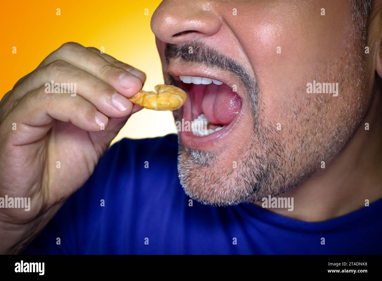 Close-up of a hungry man biting into a prawn. Irresistible craving for