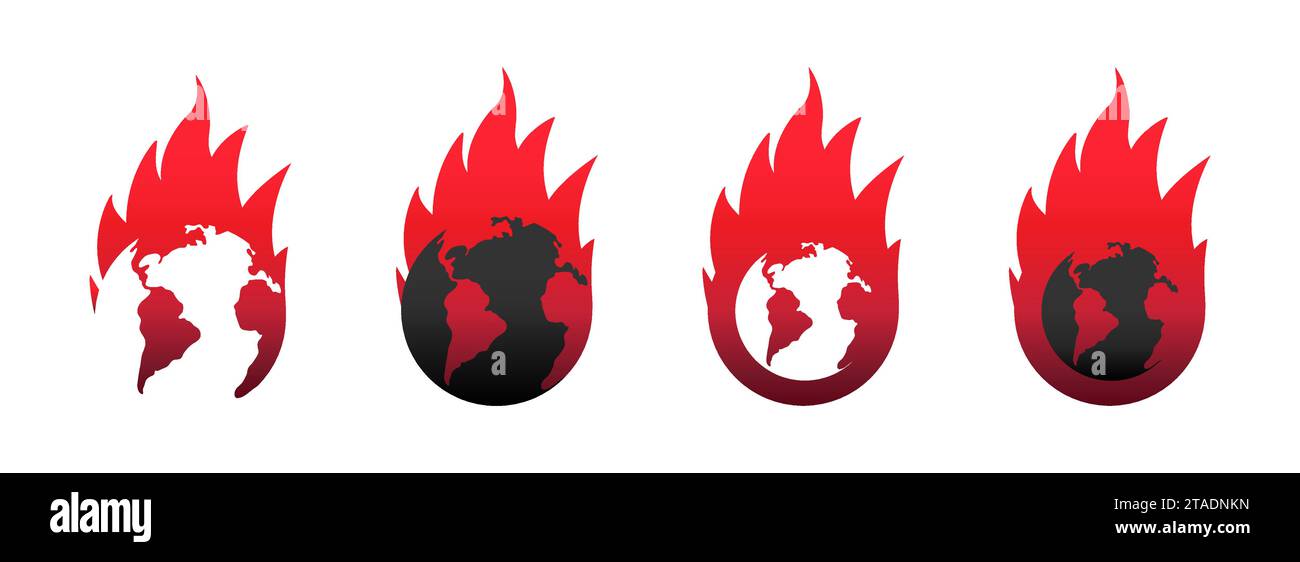 The earth is on fire. Burning world. Fire planet logo. Flat vector illustration. Stock Vector