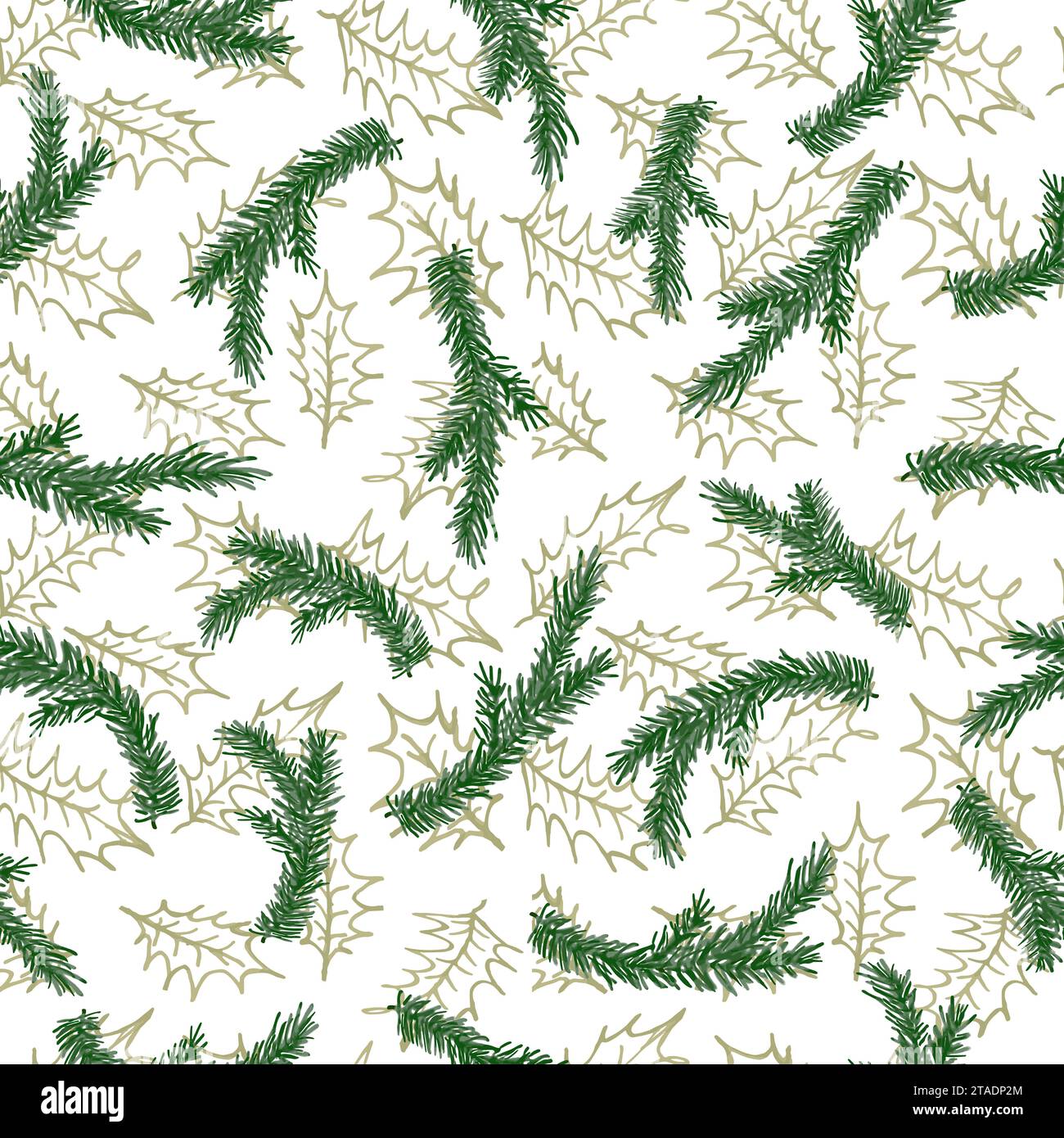 Watercolor seamless pattern with green pine branches and gold holly leaves. Sprig of pine hand drawn for wrapping paper, winter holiday decoration,gre Stock Vector