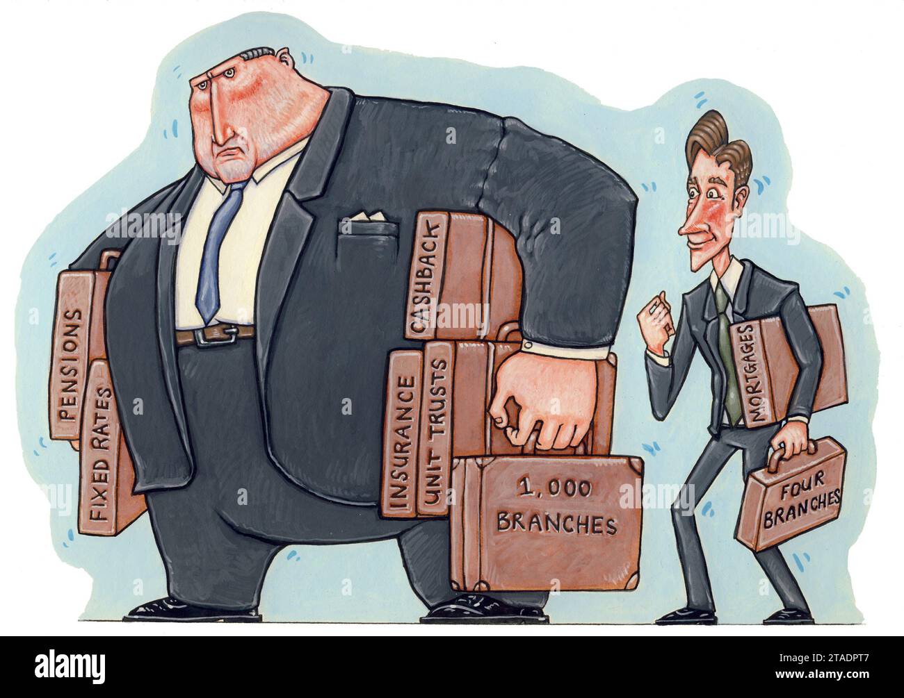 Art, banking finance man with many portfolios, representing a large bank, verses a smaller man with two portfolios, competition efficiency, downsizing Stock Photo
