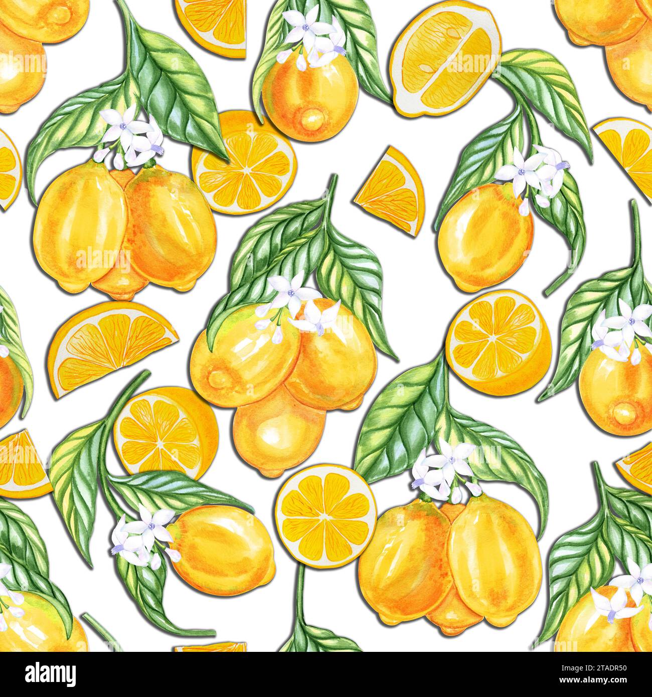 Lemon fruits and flowers on branches watercolor seamless pattern ...