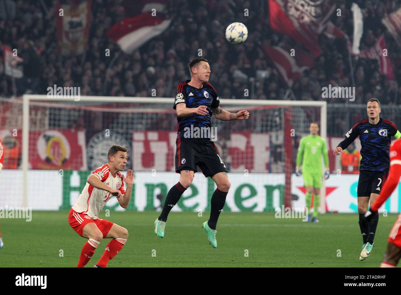 Munich, Germany. 29th Nov, 2023. MUNICH, Germany 29. November 2023; #12 Lukas Lerager and Joshua KIMMICH, head ball during the football Champions League Match between Fc Bayern and F.C. COPENHAGEN in Munich at the Allianz Arena on Wednesday 29 November. - picture is for press use; photo by Arthur THILL/ATP images (THILL Arthur/ATP/SPP) Credit: SPP Sport Press Photo. /Alamy Live News Stock Photo
