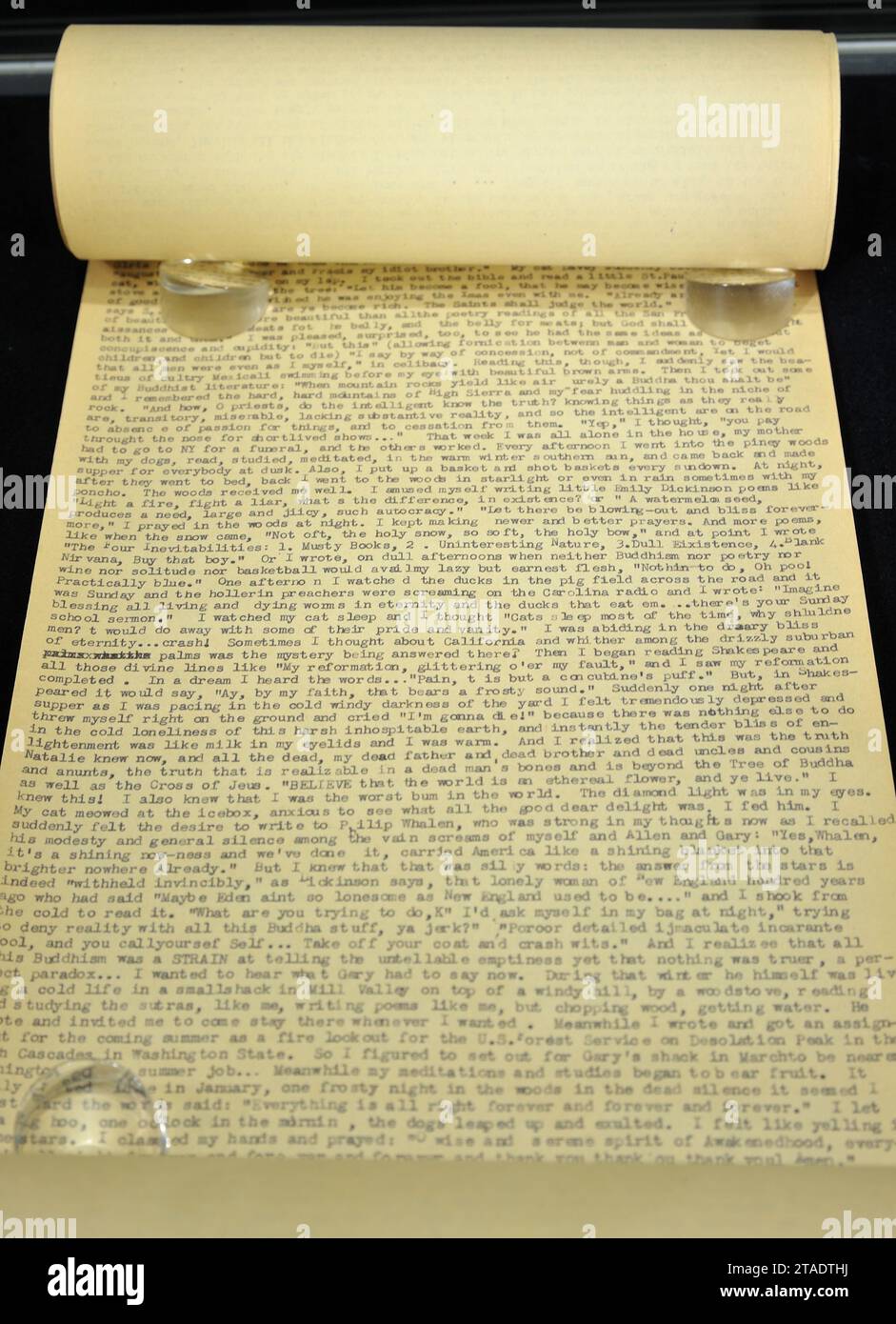 Typescript scroll of Jack Kerouac's 'The Dharma Bums',  typed by Kreouac in 1957, auction estimate $300,000 - 500,000, on display at Sotheby's in New York, NY on November 30, 2023. (Photo by Stephen Smith/SIPA USA) Stock Photo