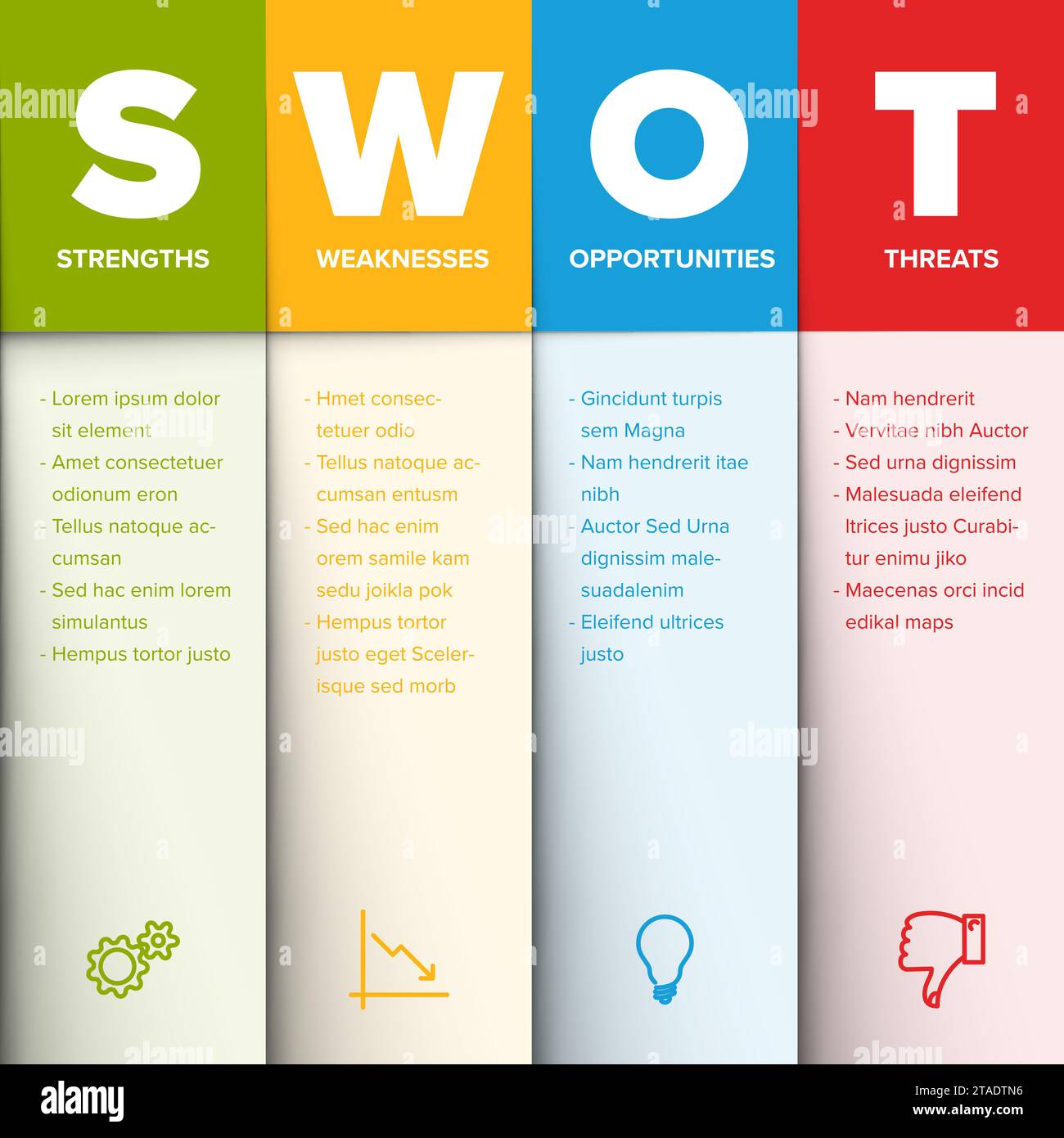 Color SWOT diagram schema template for your analysis - just rewrite the content in the light columns. Ready to print template Stock Vector