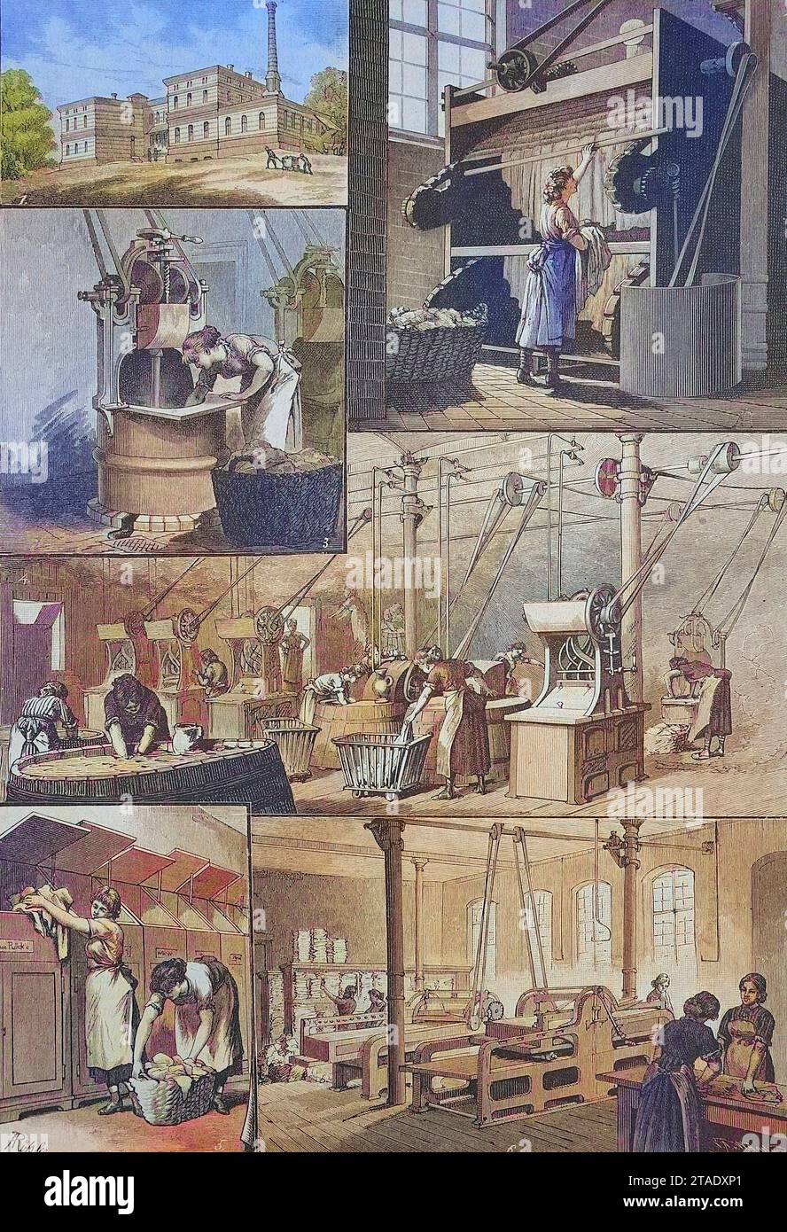 Wäscherei, Großwäscherei, In der Dampfwaschanstalt der Berliner Charite, Frauen bei der Arbeit, Wäsche waschen, Berlin, Deutschland, um 1885, Historisch, digital restaurierte Reproduktion von einer Vorlage aus dem 19. Jahrhundert  /  Laundry, Industrial laundry, In the steam laundry of the Berlin Charite, Women at work, Washing clothes, Berlin, Germany, around 1885, Historical, digitally restored reproduction from a 19th century original Stock Photo