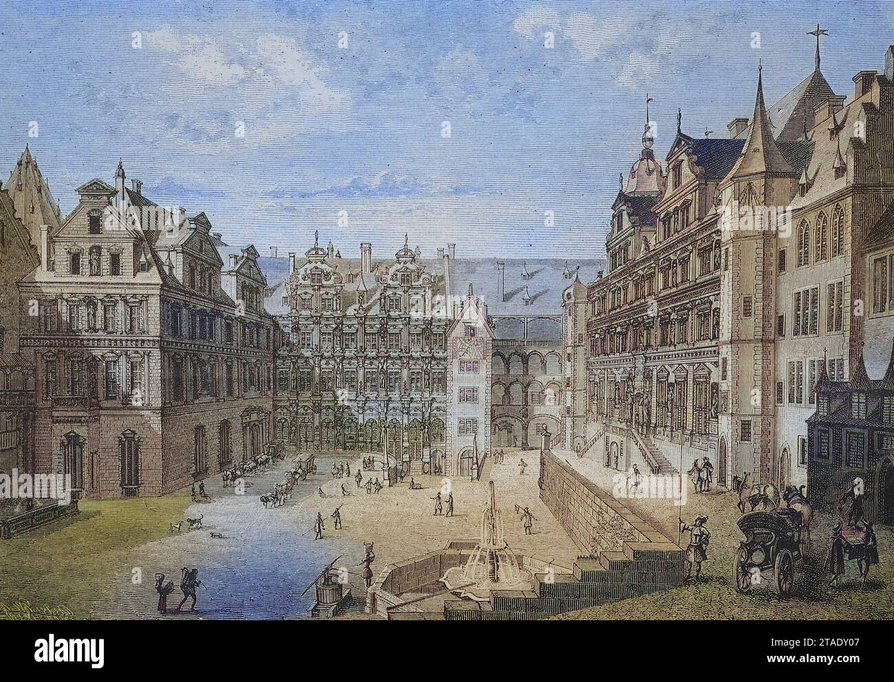 Schlosshof zu Heidelberg im Jahre 1683, Baden-Württemberg, Deutschland, um 1885, Historisch, digital restaurierte Reproduktion von einer Vorlage aus dem 19. Jahrhundert  /  Heidelberg castle courtyard in 1683, Baden-Württemberg, Germany, c. 1885, Historical, digitally restored reproduction from a 19th century original Stock Photo