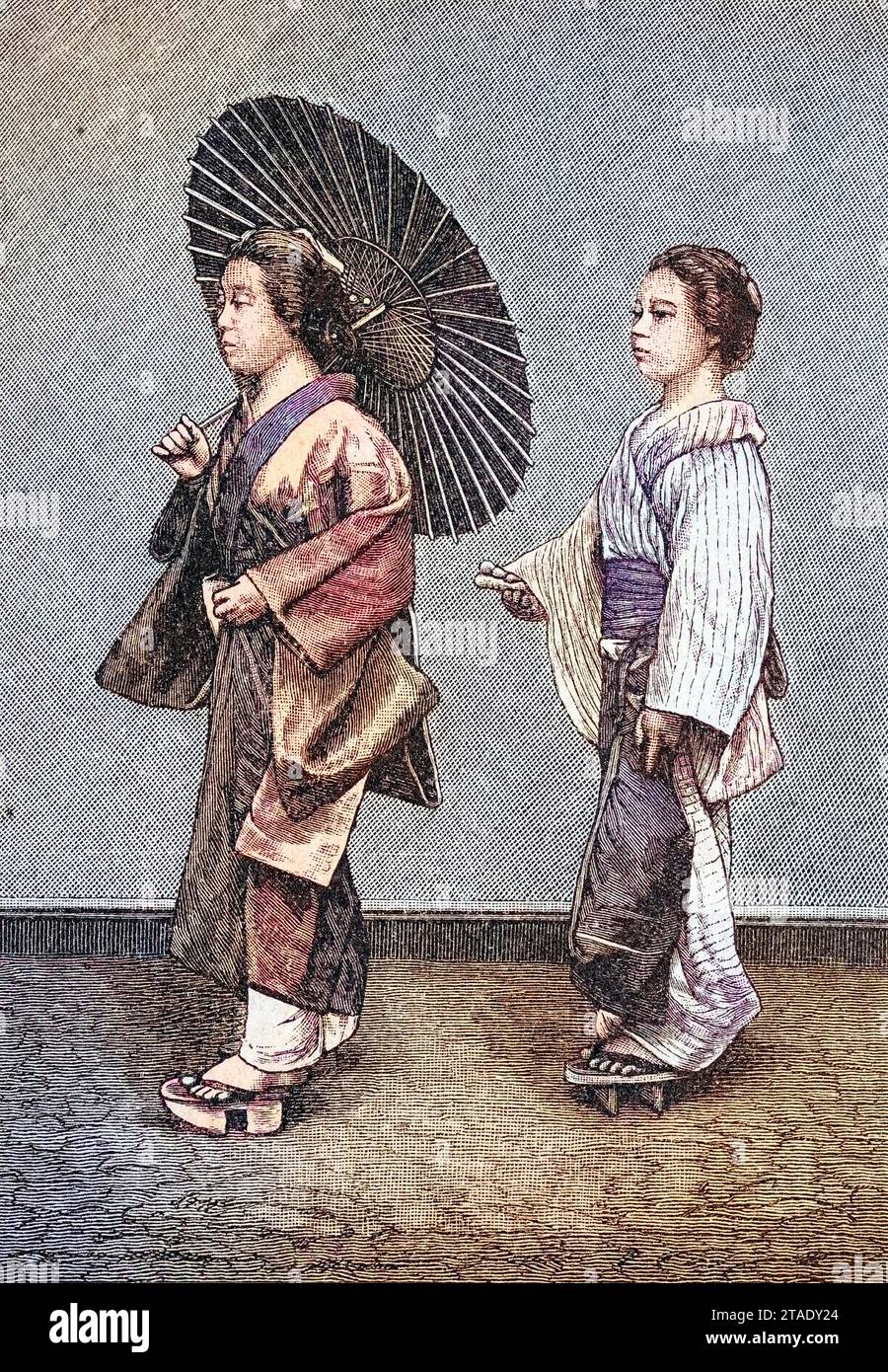 Japanisches Frauenleben, Frau mit Dienerin auf der Strasse, Sonnenschirm, Japanerin, um 1885, Historisch, digital restaurierte Reproduktion von einer Vorlage aus dem 19. Jahrhundert  /  Japanese female life, woman with servant on the street, parasol, Japanese woman, around 1885, Historical, digitally restored reproduction from a 19th century original Stock Photo