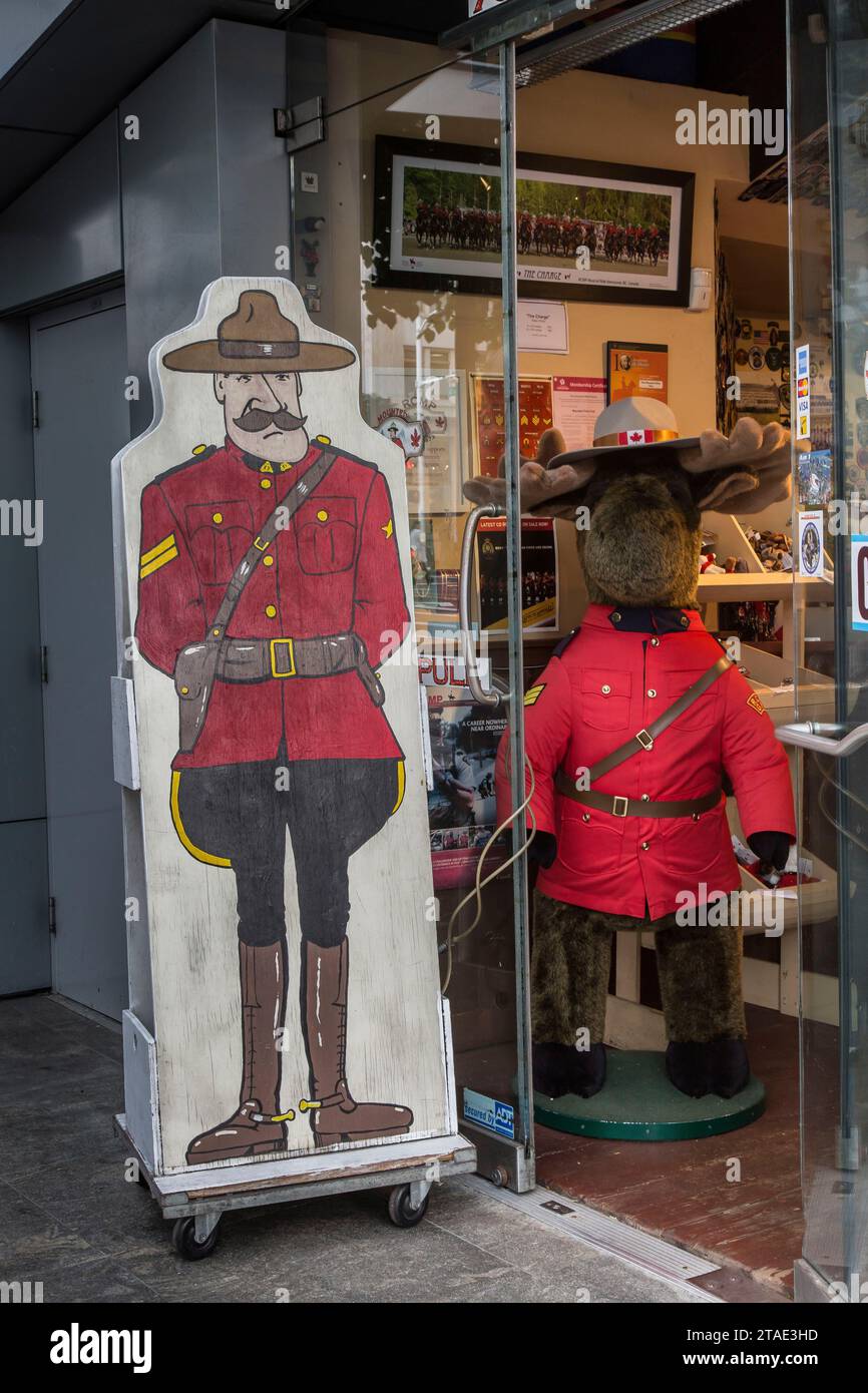 Canada, British Columbia, Vancouver, Canadian policeman costume at the entrance of a toy store Stock Photo