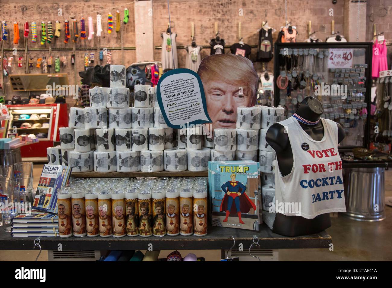 United States, Arizona, Flagstaff, 2016 presidential campaign, Roll of toilet paper (PQ) and other goodies bearing the image of the candidates, Bernie Sanders, Hillary Clinton, Donald Trump, Barak Obama Stock Photo