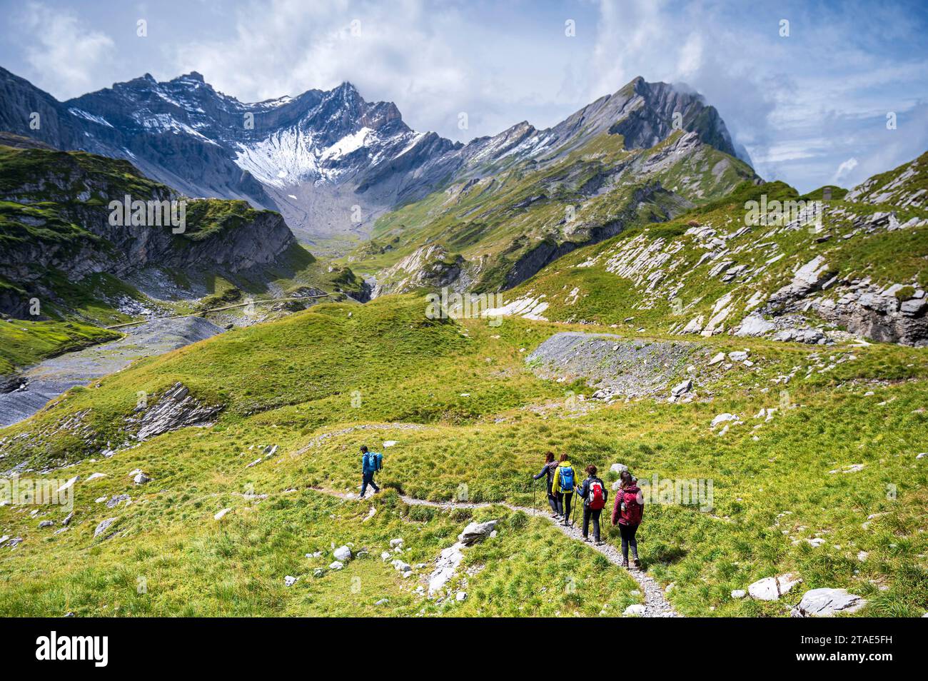 Switzerland, Valais, Champéry, Tour des Dents Blanches, hikers walking towards the Tête des Ottans, in the background you can see the Dent de Barme (2759m) and the Dent de Bonavo (2503m) Stock Photo