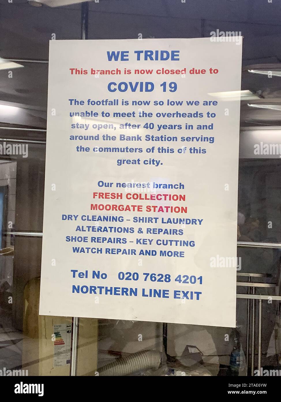 London, UK. 28th November, 2023. A notice in a dry cleaners at Bank Station telling customers that it has closed down due to the lack of footfall since the Covid-19 Pandemic. Credit: Maureen McLean/Alamy Stock Photo