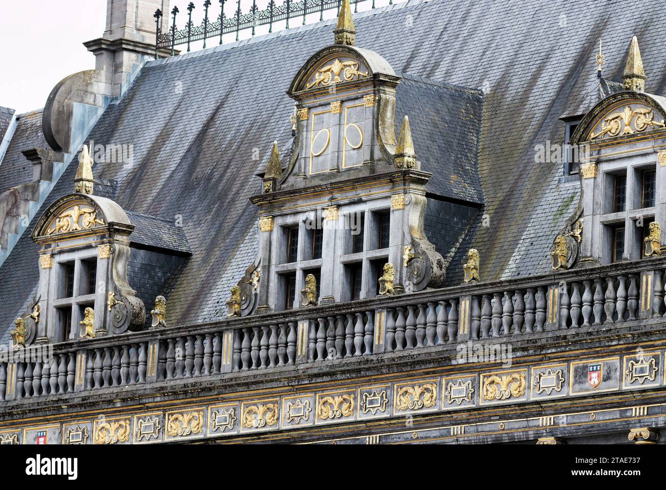 Belgium, Wallonia, Province of Hainaut, Tournai, Grand Place, details of the Cloth Hall and Conciergerie Stock Photo
