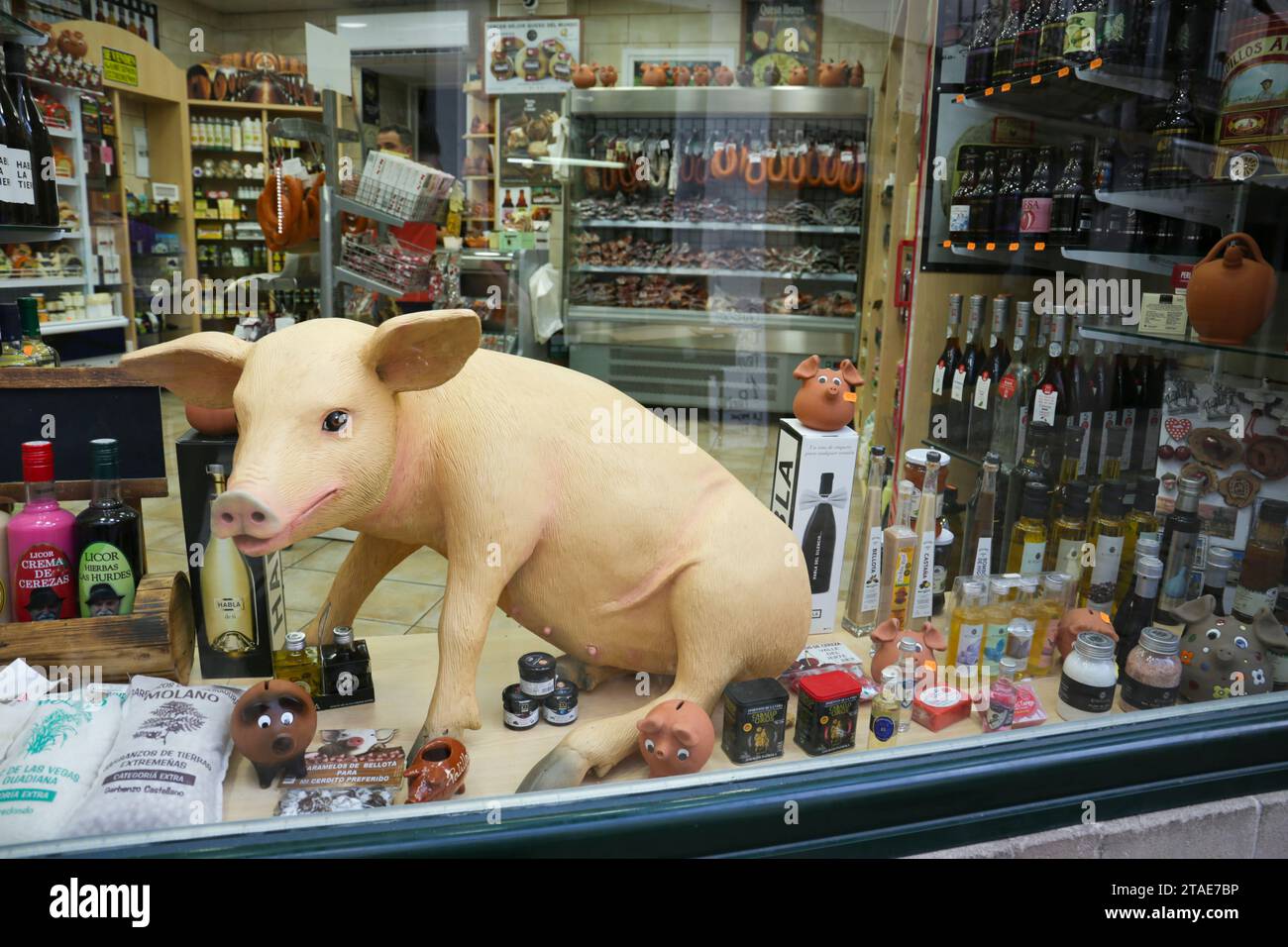 Trujillo, Extremadura, Spain- October 6, 2023: Old store with traditional and typical Spanish food. Pork products, sausages and cheeses Stock Photo