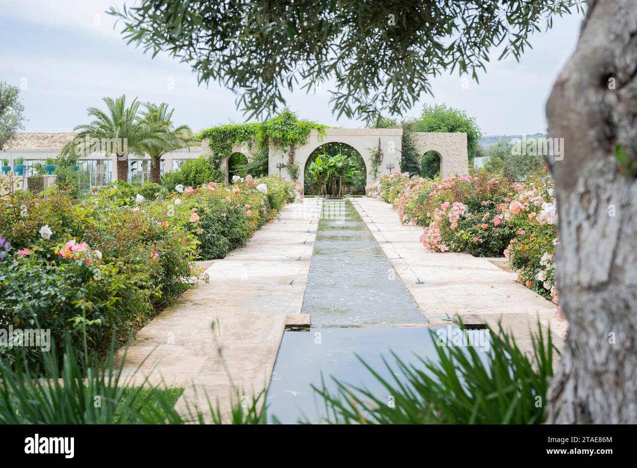 Italy, Sicily, Noto, Baroque city listed as a UNESCO World Heritage, The pond and rose garden of the Tenuta Falconeri villa Stock Photo