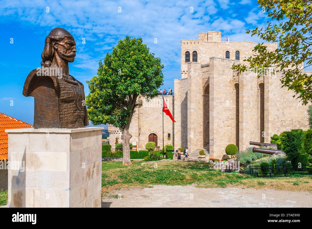 Albania, Durres province, Kruje, the 5th century castle, Skanderbeg National Museum and statue of Tanush Topia (?-1467), Albanian nobleman and one of the closest collaborators of Skanderbeg Stock Photo