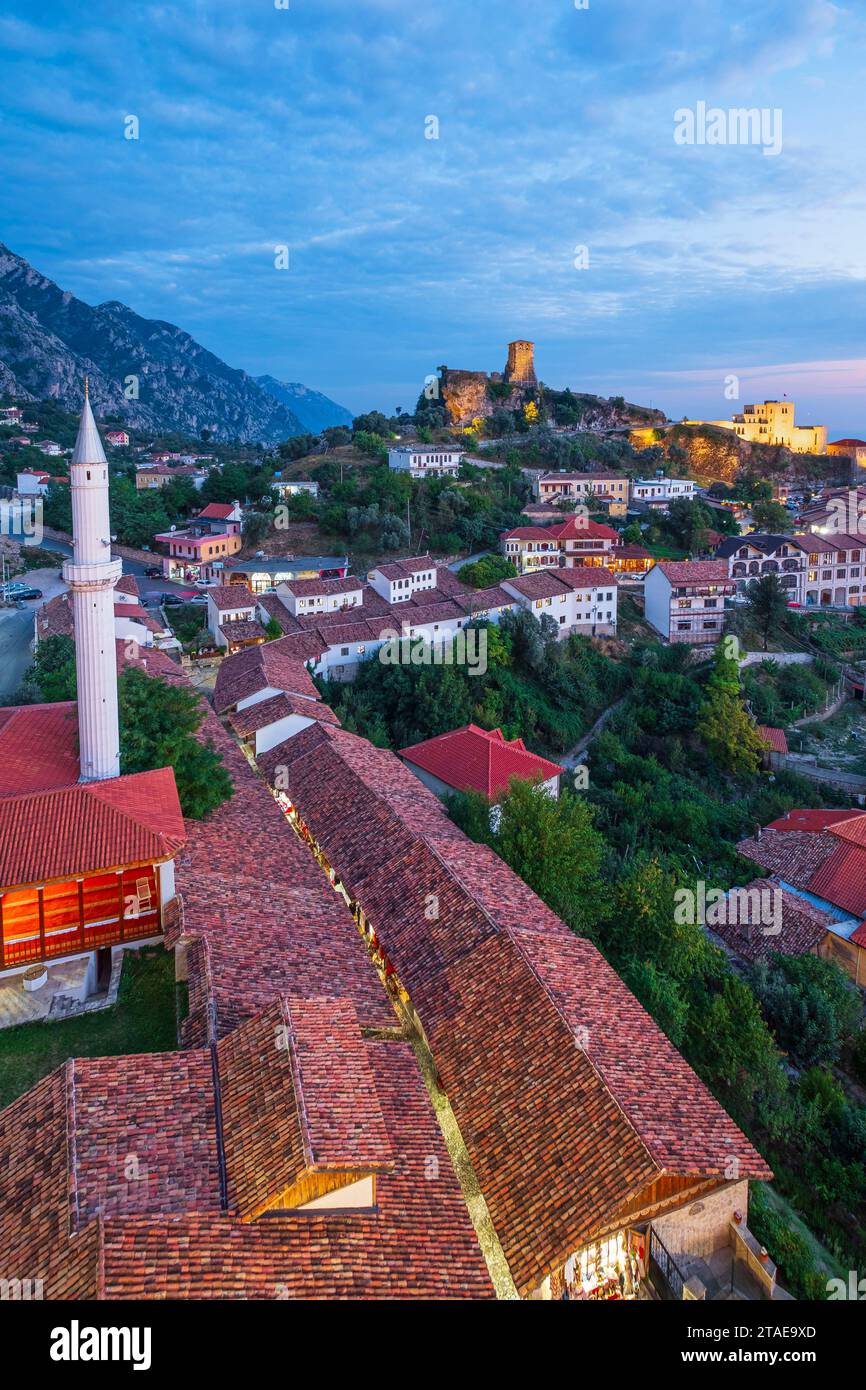 Albania, Durres province, Kruje, the old medieval town dominated by the 5th century castle, Bazaar Mosque or Murad Bey Mosque (1533) in the foreground Stock Photo