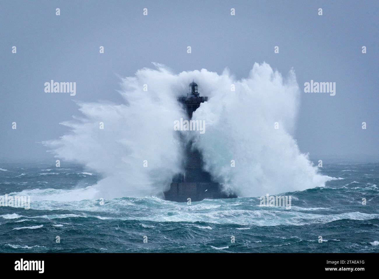 France, Finistere, Iroise Sea, Porspoder, the Four lighthouse during storm Ciaran on November 2, 2023 Stock Photo