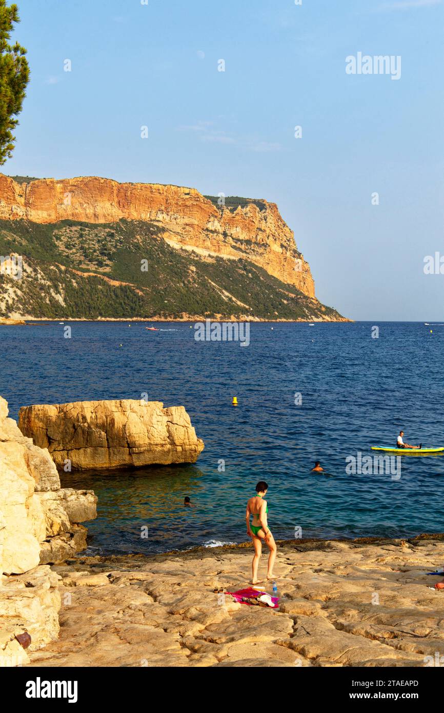 France, Bouches du Rhone, Cassis, Bestouan beach, Port entrance and the ...