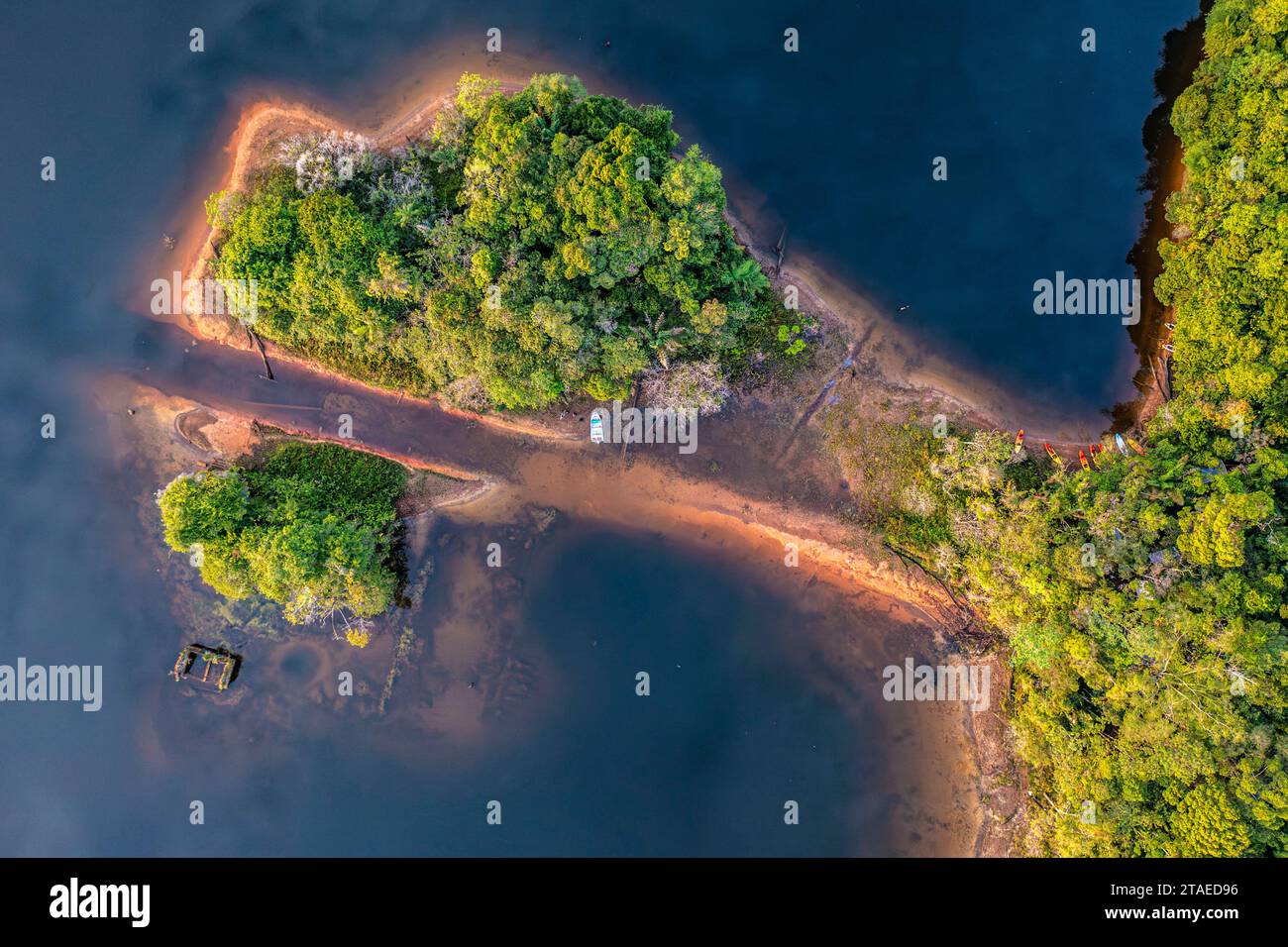 France, French Guiana, Sinnamary, sunrise over the reservoir of the Petit Saut dam, here the former Camp Saut Tigre (Annamite prison)(aerial view) Stock Photo