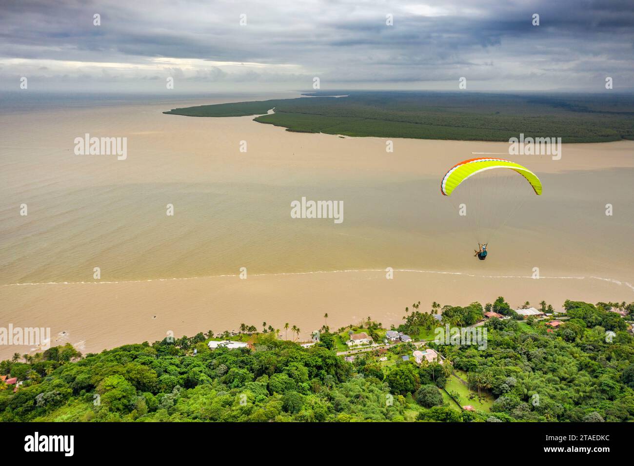 France, Guiana, Rémire-Montjoly, Paragliding above the Rorota trail, the Mahury river estuary in the background (aerial view) Stock Photo