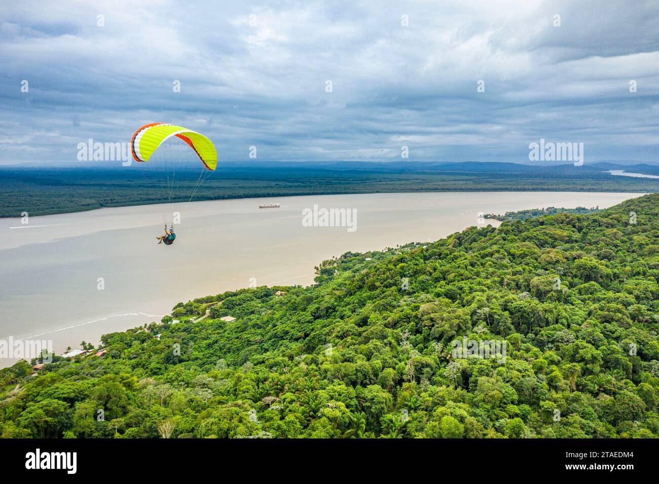 France, Guiana, Rémire-Montjoly, Paragliding above the Rorota trail, the Mahury river estuary in the background (aerial view) Stock Photo