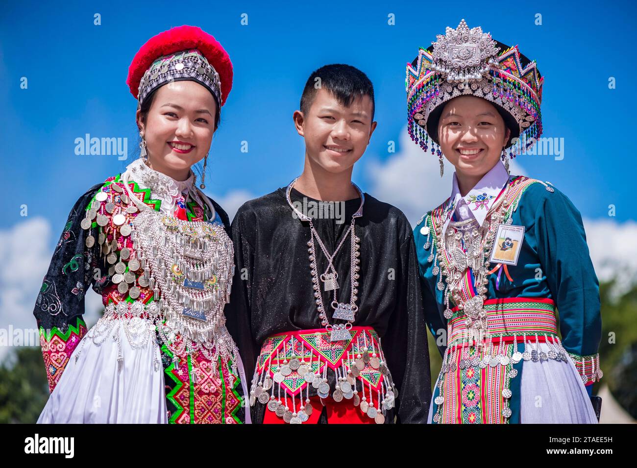 France, Guyana, Cacao (village), H'Mông New Year ceremony in traditional Guyanese dress, borrowing and combining symbols from South-East Asia and China to create new aesthetic codes Stock Photo