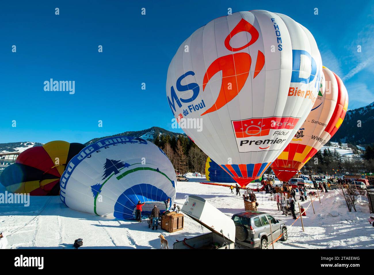 France, Savoie, Val d'Arly, Praz sur Arly, gathering of hot air balloons called the montgolfiades, first takeoffs Stock Photo