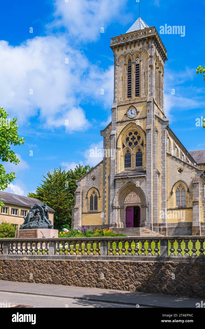 France, Manche, Cotentin, Bricquebec, neo-Gothic church of Our Lady of the Annunciation Stock Photo