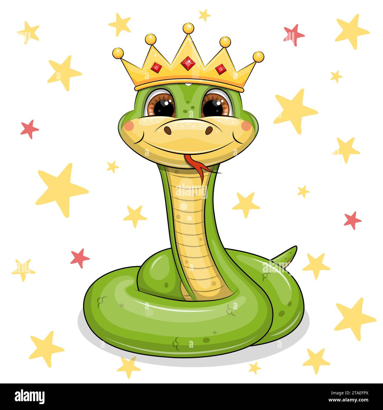 Cute cartoon snake king with golden crown. Vector illustration of an animal on a white background with yellow stars. Stock Vector