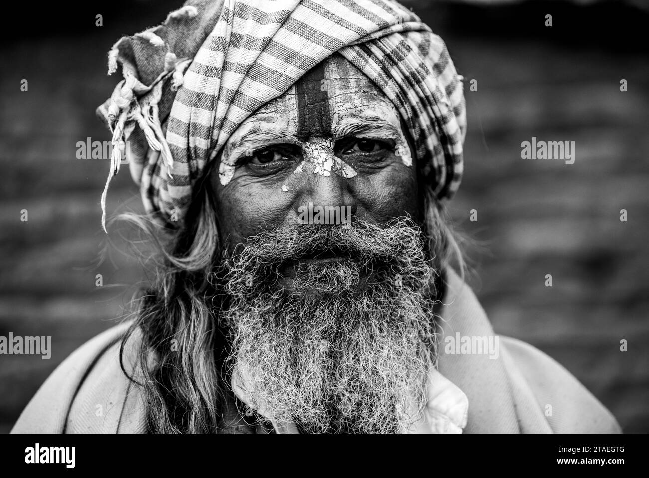 Kathmandu, Nepal- April 20,2019 : Sadhu-Indian Holy man sitting in the temple. In Hinduism, Sadhu is a common term for a mystic, an ascetic. Stock Photo
