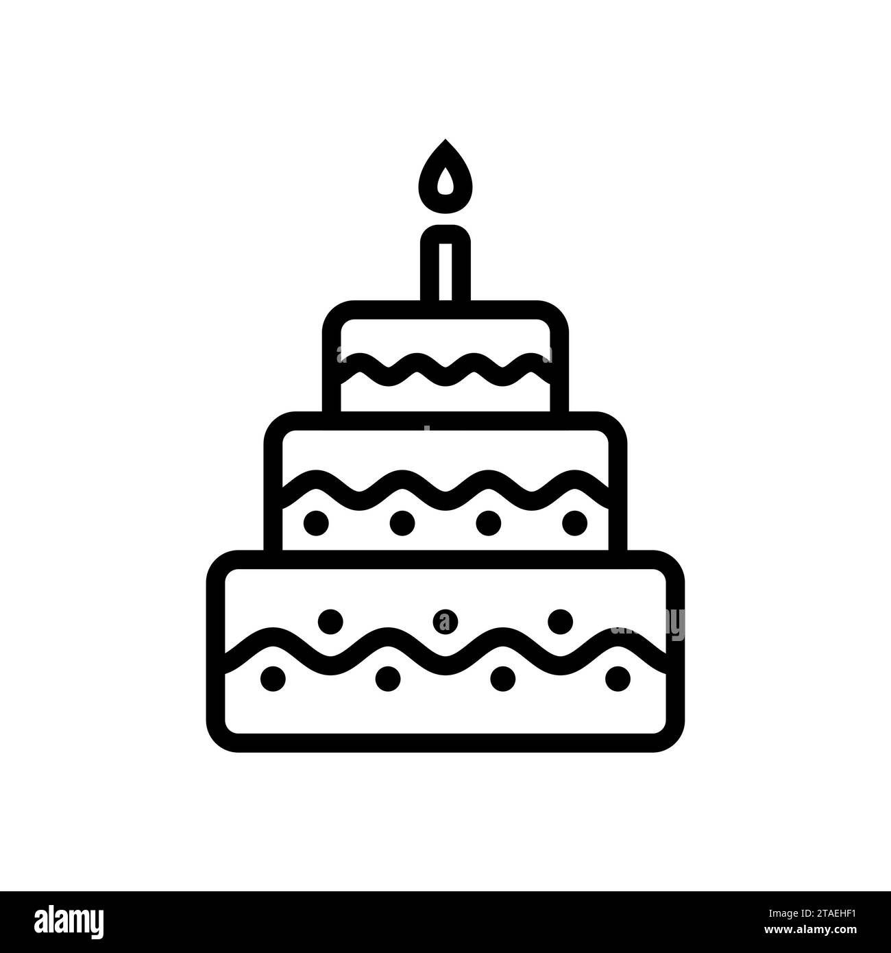 Cute birthday cake line icon with candle. Traditional festive dessert for a party or celebration. Sweet dessert food. Vector illustration. Stock Vector