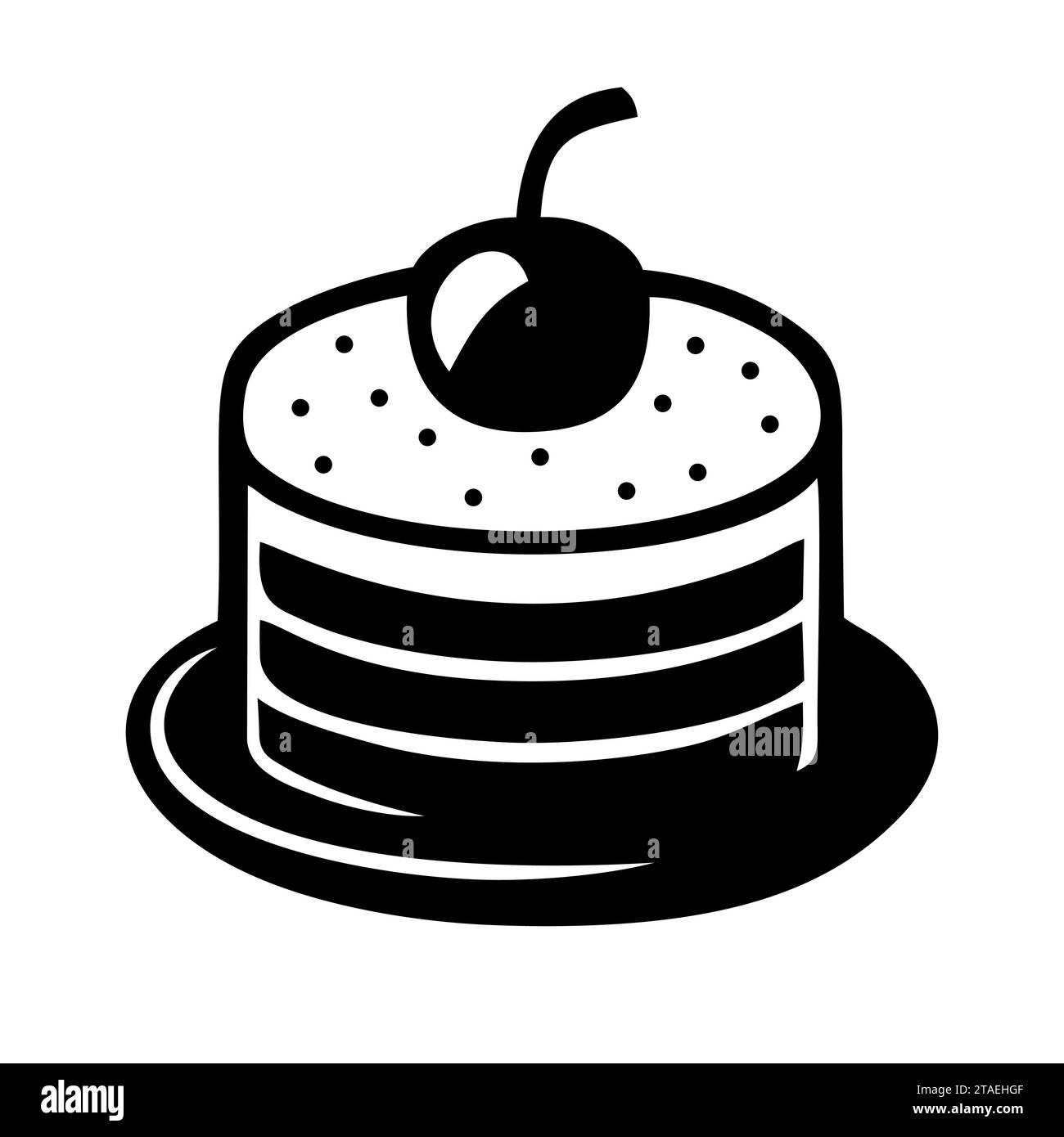 Cake dessert with cherry black icon, sweet food. Simple delicious symbol. Sweet birthday cake, Bakery cupcake isolated on white. Vector illustration. Stock Vector