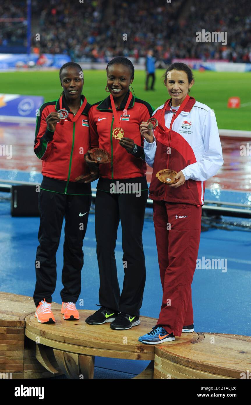 Janet Kisa, Mercy Cherono of Kenya and Jo Pavey of England in the medal ceremony of the women’s 5000m at the Commonwealth Games, Glasgow, Scotland UK Stock Photo