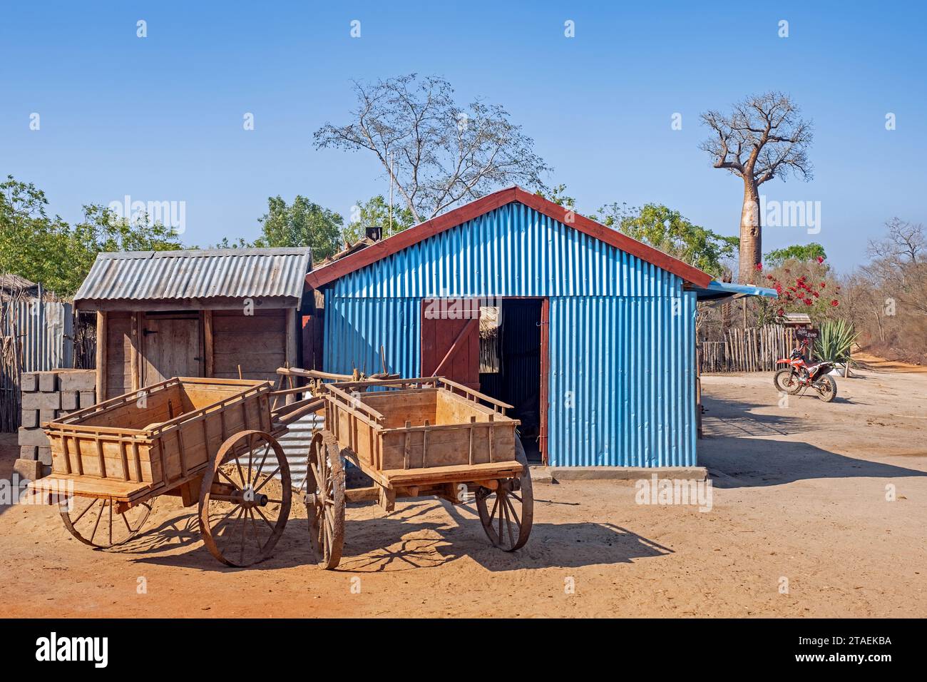 Wooden carts and primitive dwelling made of corrugated sheets in the Kirindy Private Reserve, Menabe Region, Central Highlands, Madagascar Stock Photo