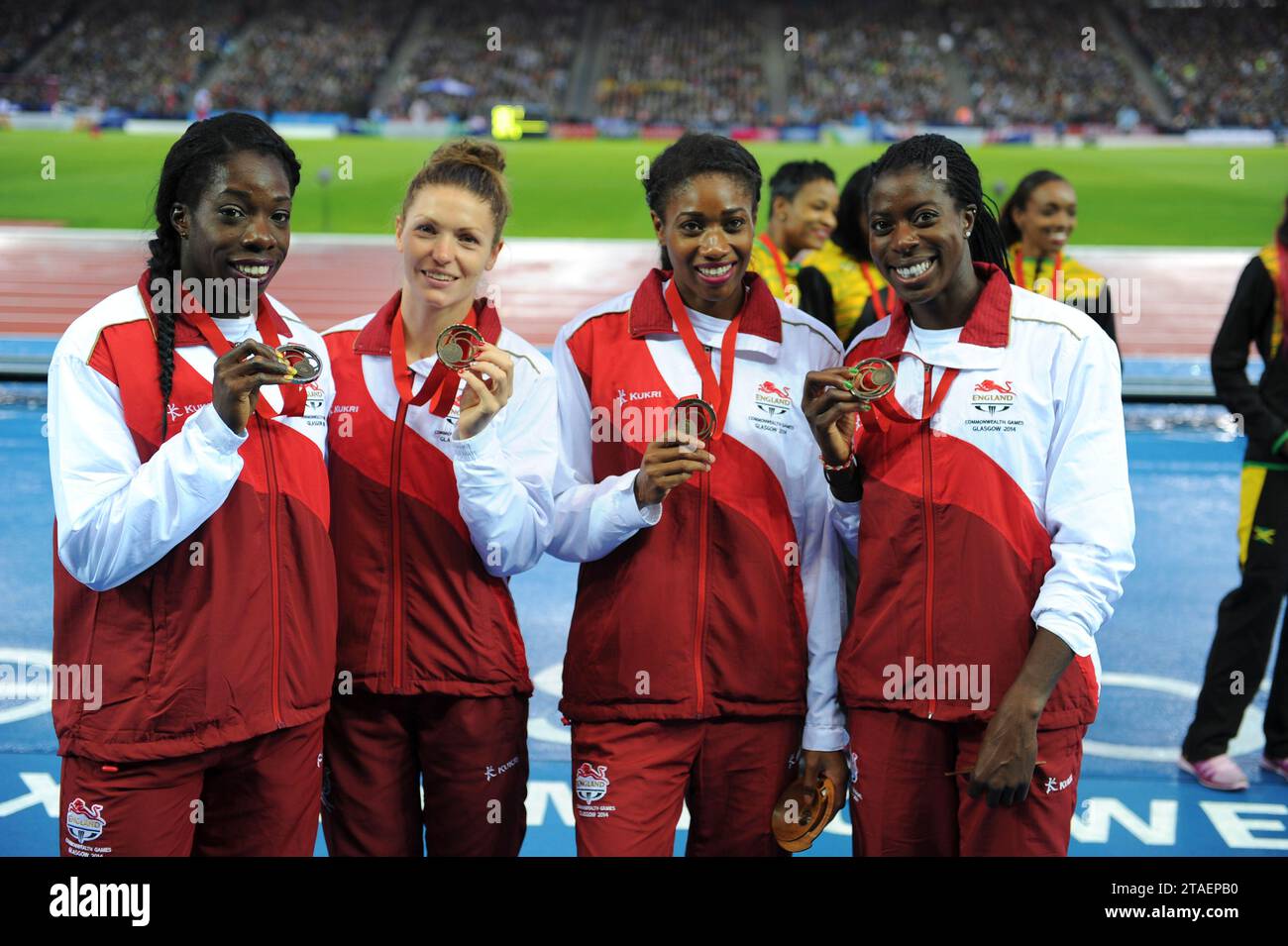 Anyika Onuora, Kelly Massey, Shana Cox and Christine Ohuruogu of England bronze medal ceremony at the women’s 4x400m relays at the Commonwealth Games, Stock Photo