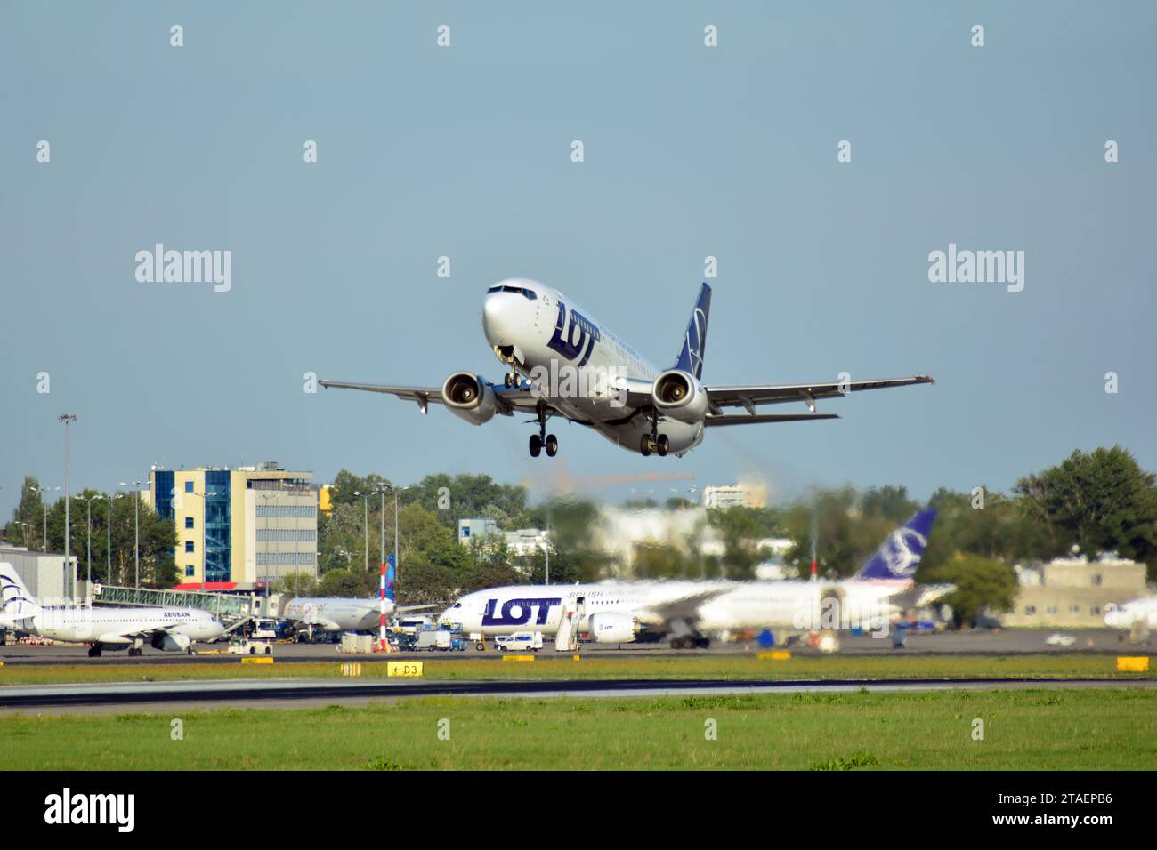 Warsaw Poland. July 6, 2018. The plane takes off from the runway of the Warsaw airport Stock Photo