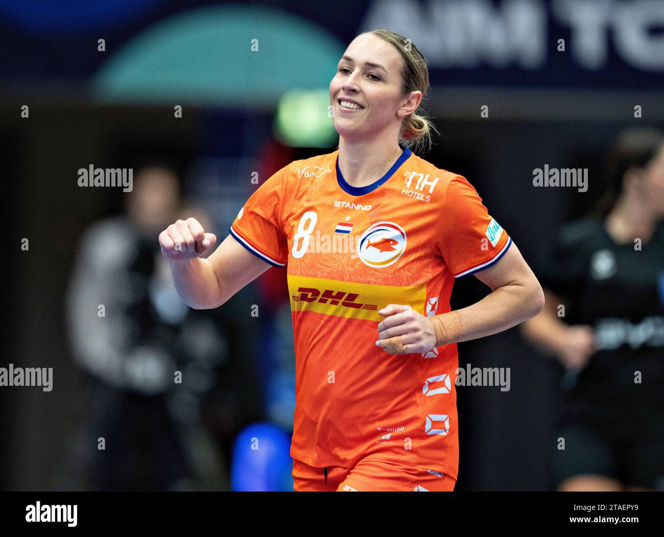 Lois Abbingh, Netherlands celebrates during the IHF World Womens Handball Championship match between Netherlands and Argentina in the preliminary Group G in Arena Nord in Frederikshavn, Denmark on Thursday , November 30, 2023. Stock Photo