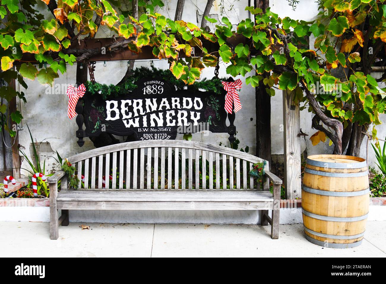 Hand carved sign of the Bernardo Winery. California's oldest winery