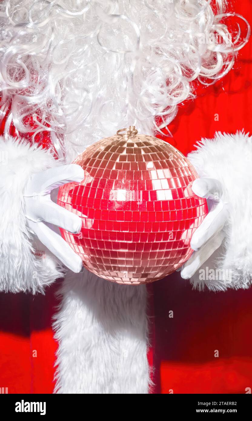 Santa Claus Holding a Red Disco Ball, Nightlife Christmas Concept