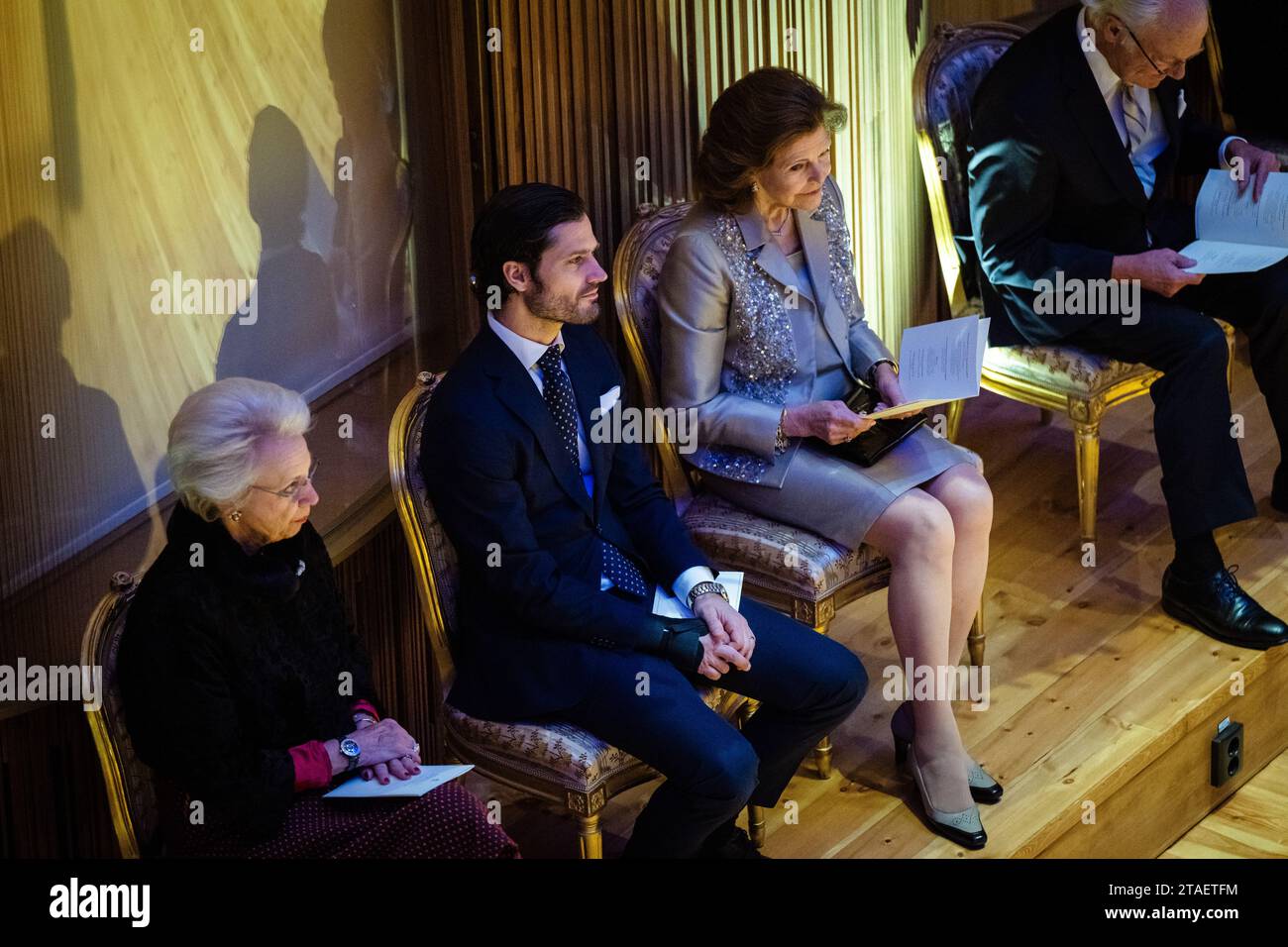 Princess Benedikte of Denmark, Prince Carl Philip, Queen Silvia, King Carl Gustaf, attend a concert at Lilla Akademien on the occasion of the Queen's 80th birthday at Lilla Akademien, Stockholm, Sweden 30 November 2023. Photo: Magnus Lejhall / TT / code 10658 Stock Photo