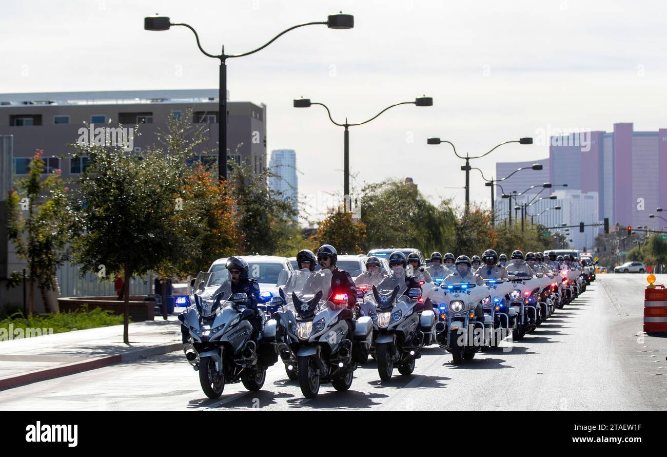 Nevada State Police and Las Vegas Metro Police officers on motorcycles