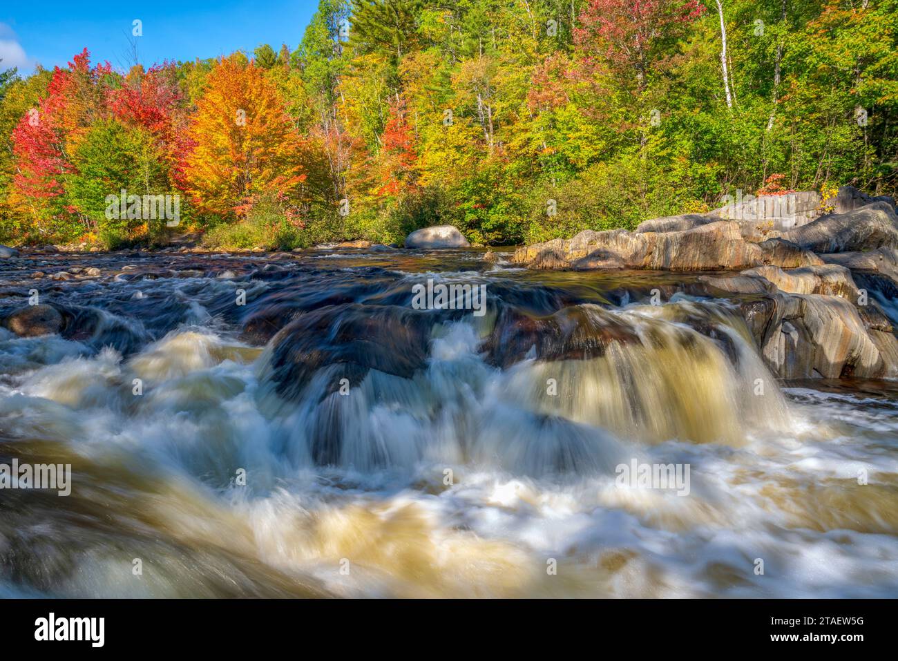 Vibrant autumn leaves on the riverbank with cascading water combine to create a symphony of nature's beauty. Stock Photo