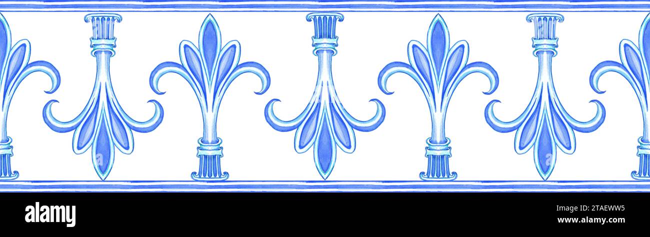 Horizontal seamless ceramic traditional tiles. Italian retro pattern in blue colors. Spanish azulejo and Sicilian majolica watercolor border. Stock Photo