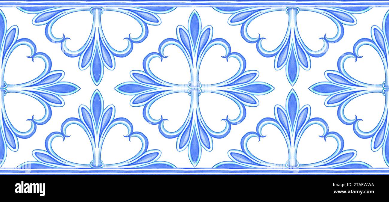 Horizontal seamless ceramic traditional tiles. Italian retro pattern in blue colors. Spanish azulejo and Sicilian majolica watercolor border. Stock Photo