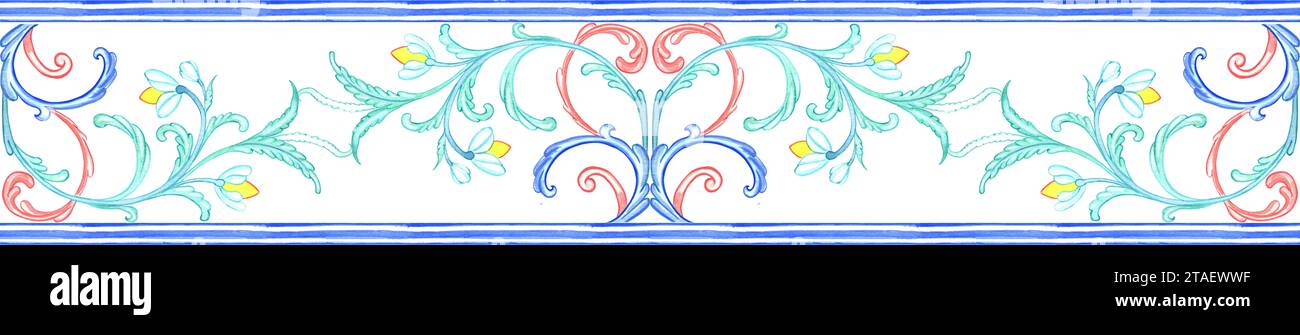 Horizontal seamless ceramic traditional tiles. Italian retro pattern in delicate colors. Spanish azulejo and Sicilian majolica watercolor border. Stock Photo